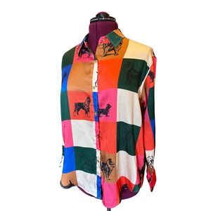 VILAGALLO Women's Multicolor Dog Print Button Up Shirt Size 46